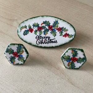 Vintage Hand Painted Ceramic Pin Matching Earrings Merry Christmas Holly Berries
